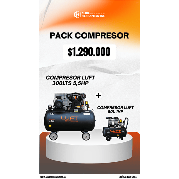 Oferta Compresor Trifásico de 5,5HP 300 Litros LUFT+ Compresor de 50L 1HP