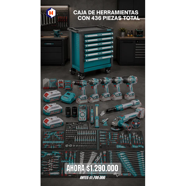 Carro de herramientas 436 piezas con piezas inalámbricas Total