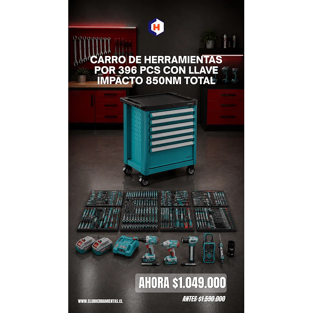 CARRO  DE HERRAMIENTAS POR 396 PCS CON LLAVE IMPACTO 850NM TOTAL