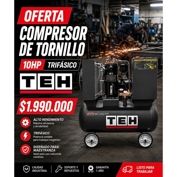 Compresor de Tornillo 10HP 7.5kW 120L 380V TEHTOOLS