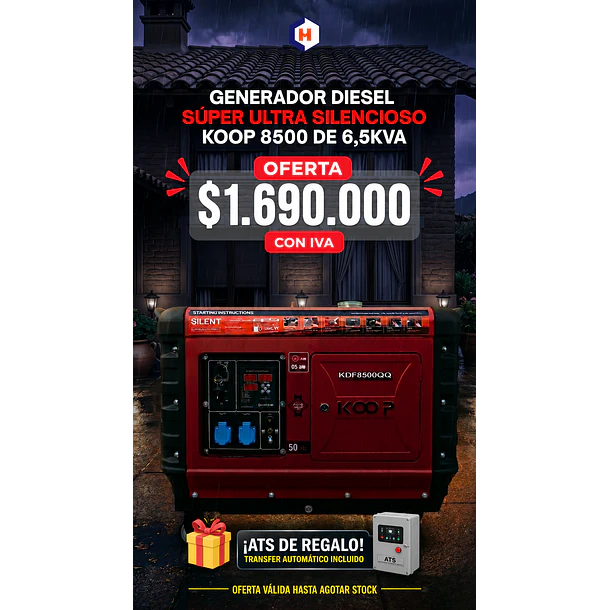 Generador eléctrico diésel Súper Ultra Silencioso Koop 8500 de 6,5KVA