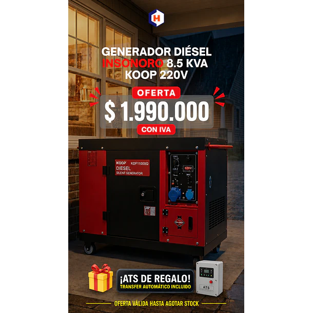 Generador Eléctrico Diésel insonoro 8.5 KVA KOOP 220V con ATS