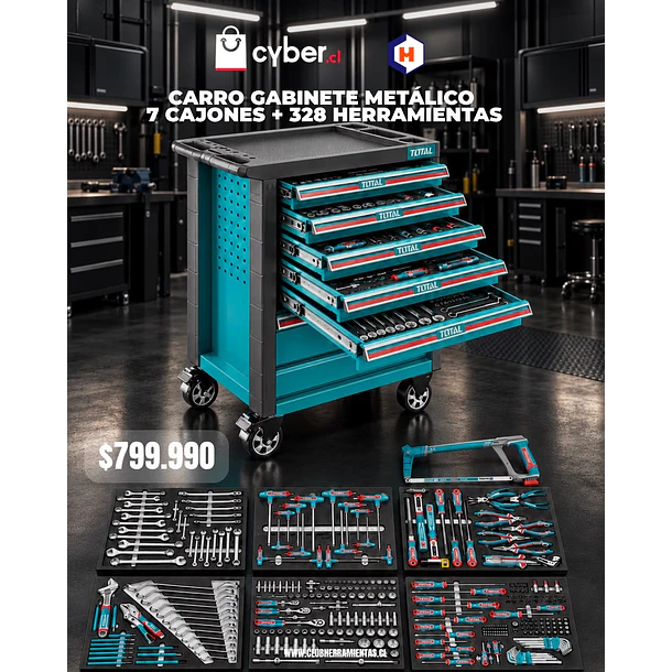 Carro Gabinete Metálico 7 Cajones + 328 Herramientas