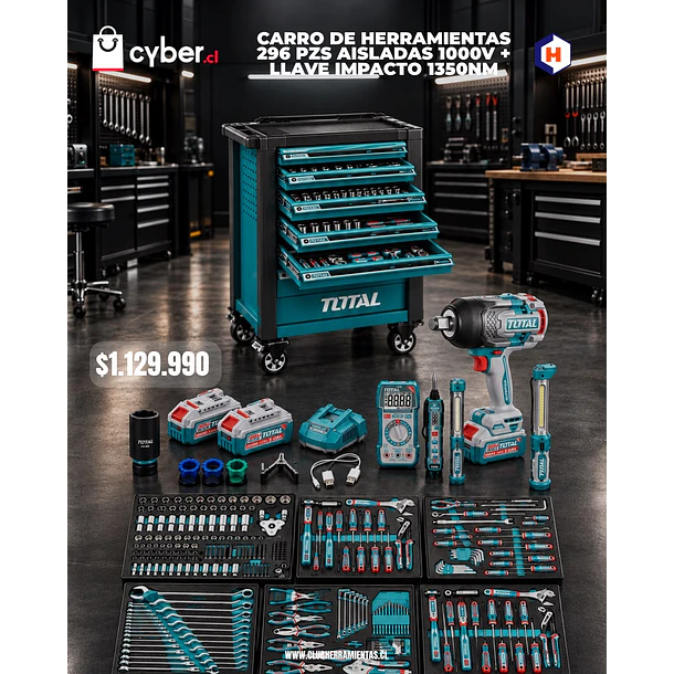 Carro De Herramientas Móvil 296 Pzs Aisladas 1000V + Llave Impacto 1350Nm TOTAL