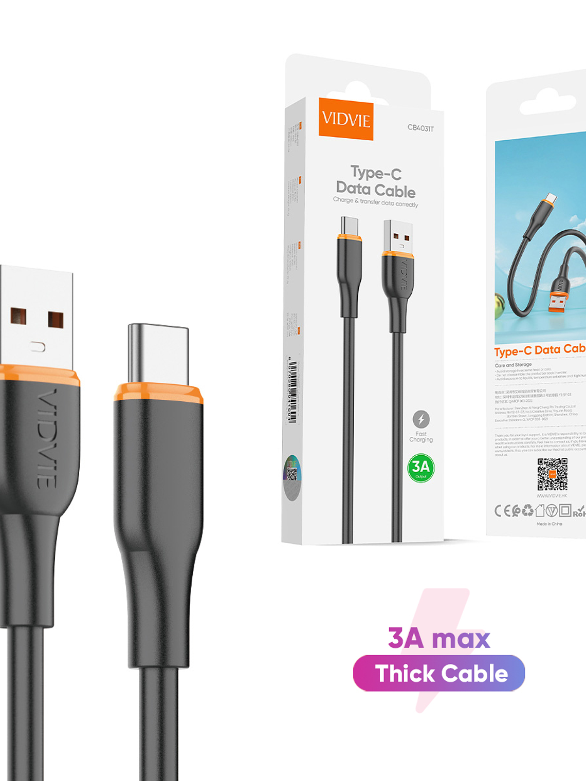 Cable Cargador Usb A Usb Tipo-c Vidvie Black CB4031T 1