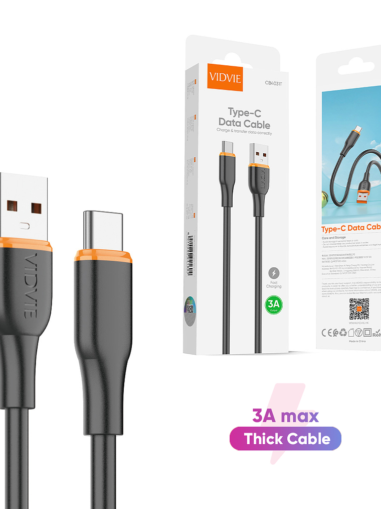 Cable Cargador Usb A Usb Tipo-c Vidvie Black CB4031T 1