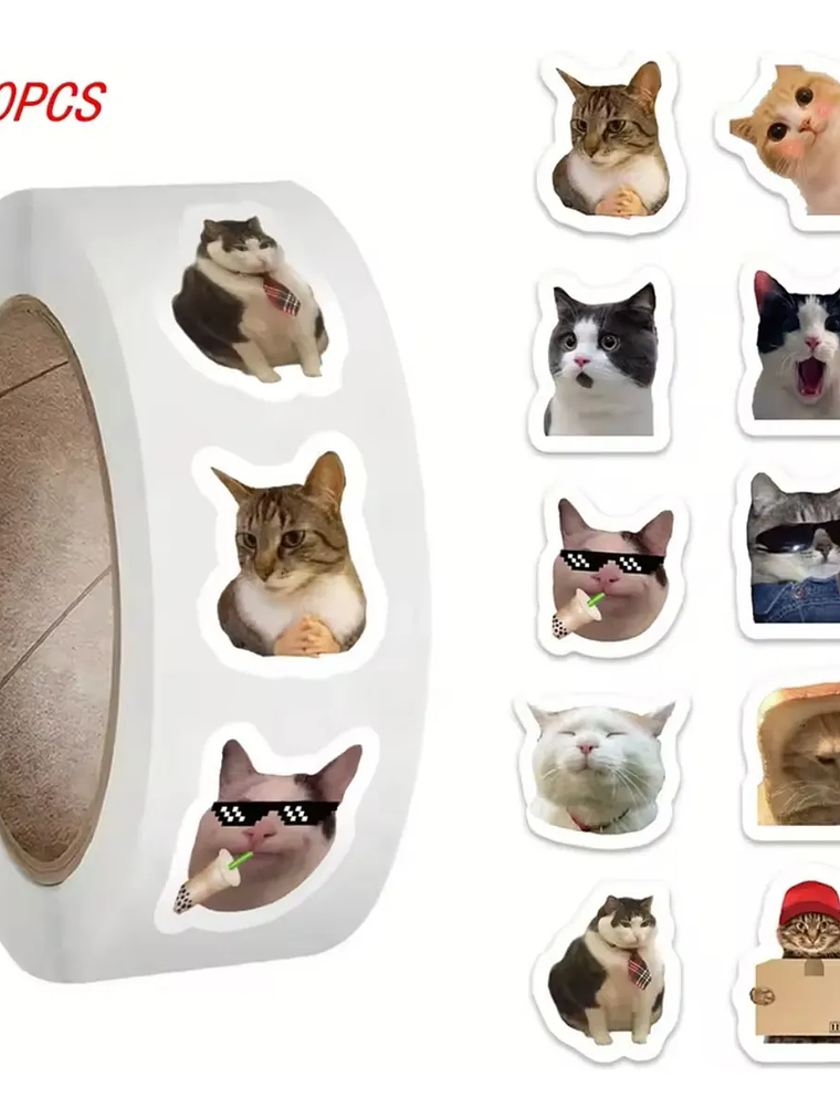 Rollo 500 Unidades Sticker Gatitos  Gato Meme (10 modelos de gatito diferentes en sticker) 2