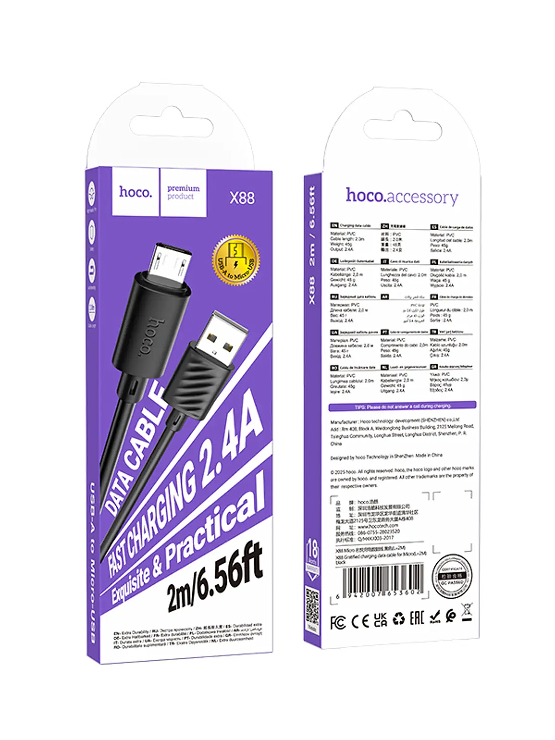 Cable Hoco X88 Gratified MicroUSB 2M Negro 2