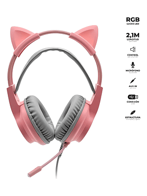 Audifonos Gamer Urbano Orejas De Gato Usb Luz Rgb Color Rosa