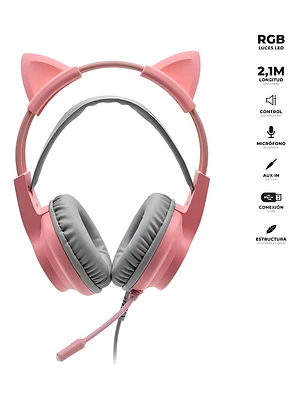 Audifonos Gamer Urbano Orejas De Gato Usb Luz Rgb Color Rosa
