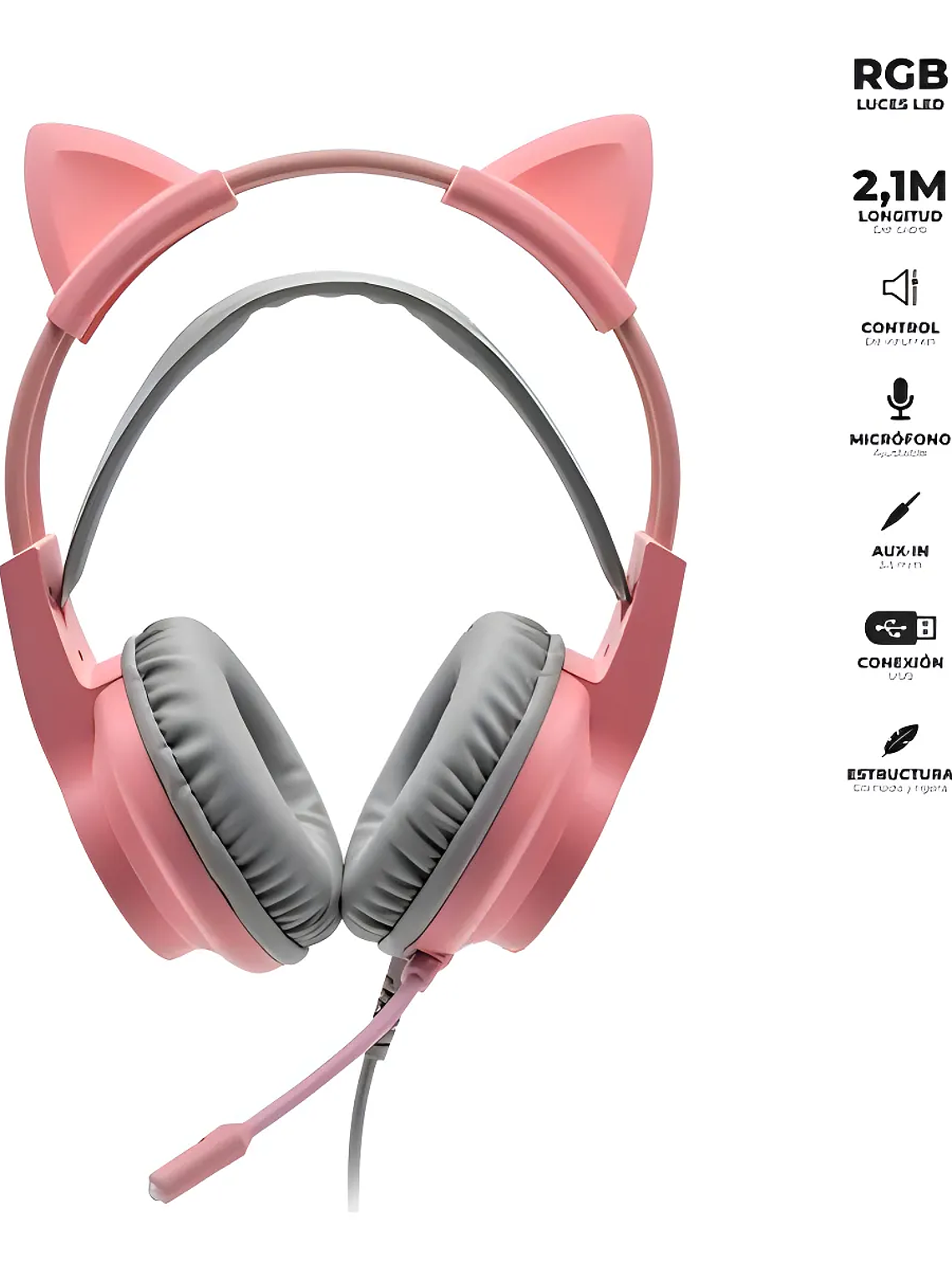 Audifonos Gamer Urbano Orejas De Gato Usb Luz Rgb Color Rosa 1