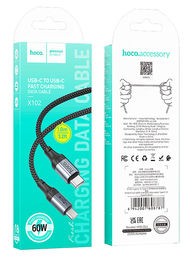 Cable Tipo C a Tipo C Hoco X102 Negro 1