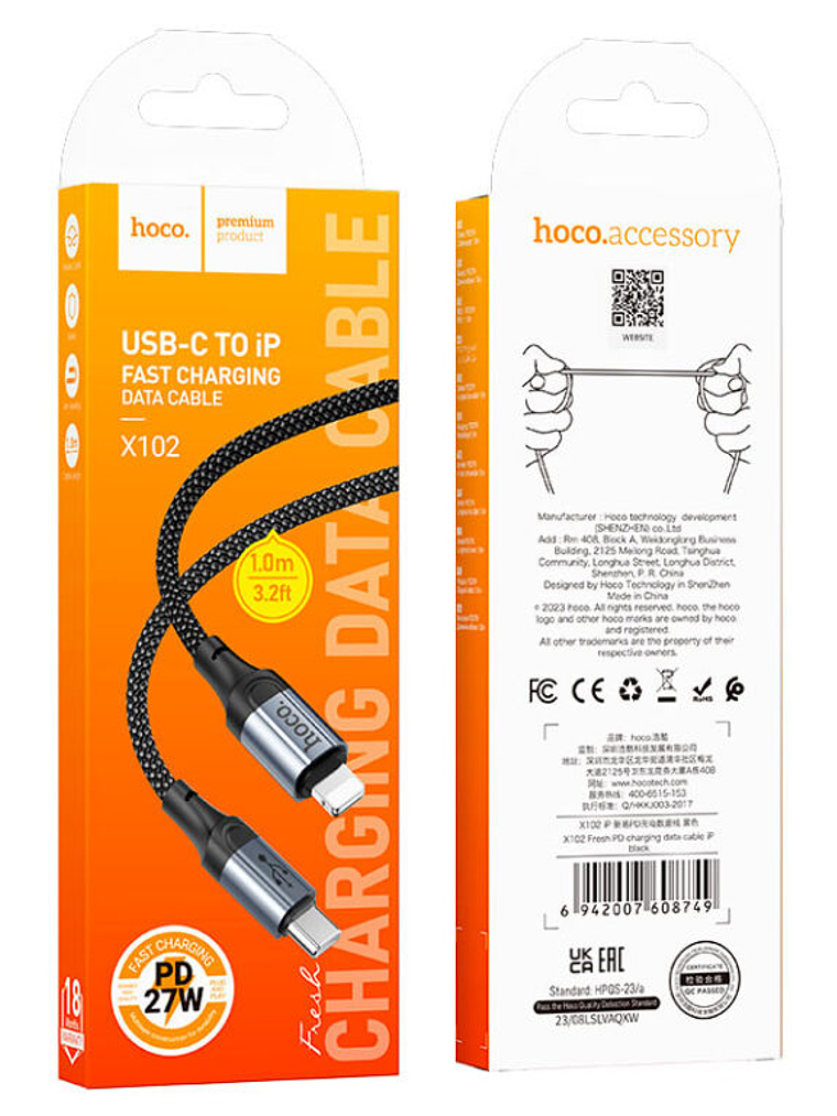 Cable Tipo C a Lightning Hoco X102 Negro 1