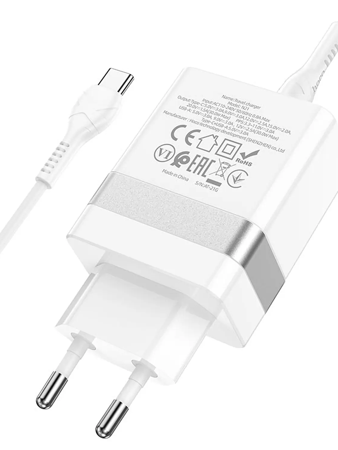 Cargador Hoco N21 PD30W+QC3.0 Cable USB C a USB C Blanco 3