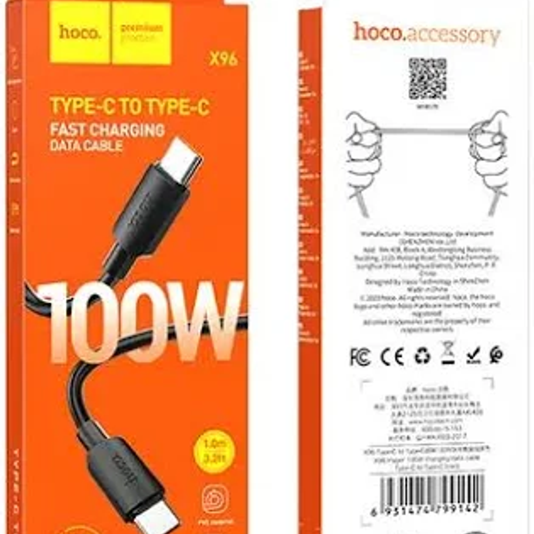 Cable HOCO X96 1 mt. Tipo C-C 100W 5A Negro 1