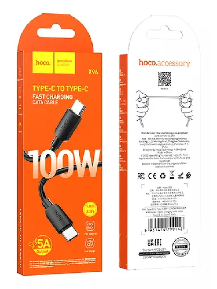 Cable HOCO X96 1 mt. Tipo C-C 100W 5A Negro 1