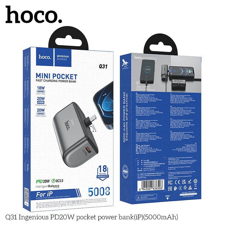 Bateria Portatil Powerbank Hoco Q31 Mini Lightning 5000 Mah Negro 1