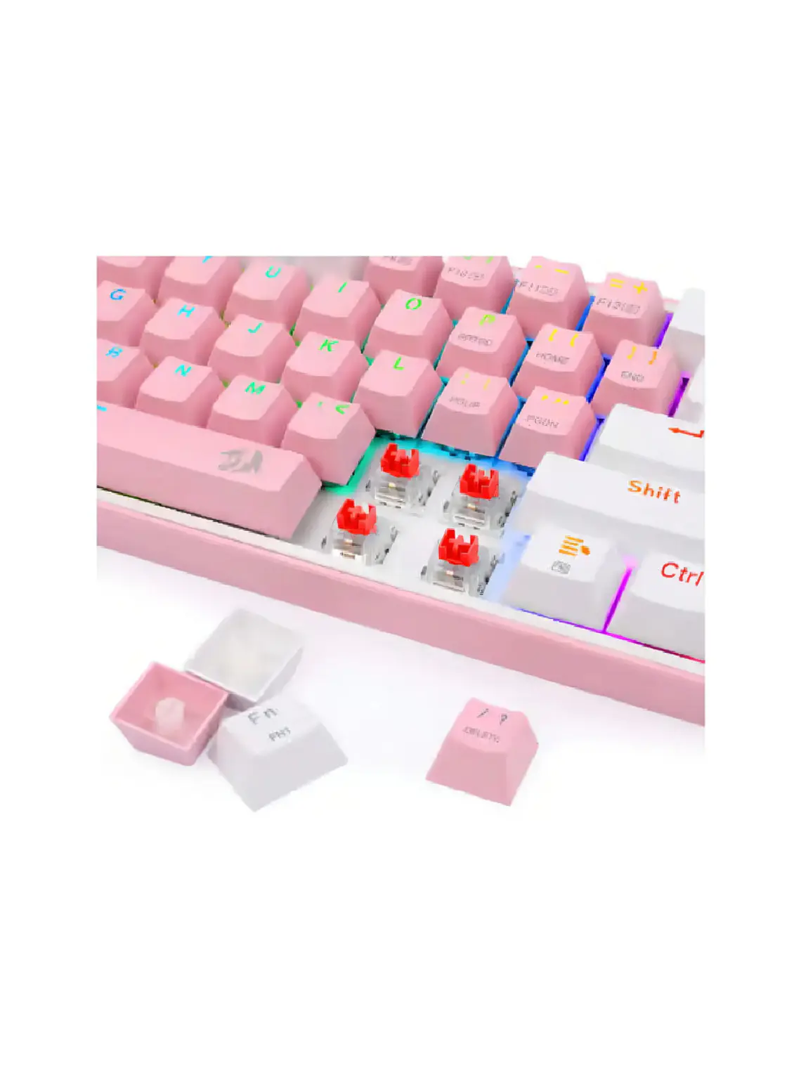 Teclado gamer Redragon Fizz QWERTY Red inglés US color rosa y blanco con luz RGB 4