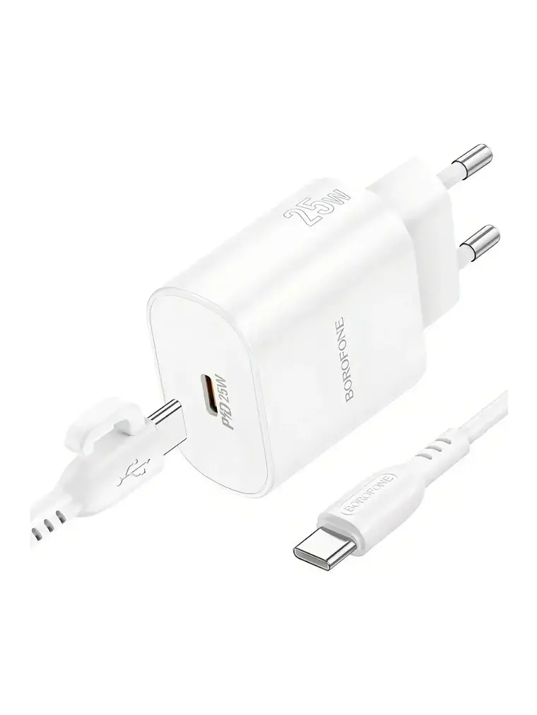 Cargador Borofone BA82A 25W Tipo C Rápido + Cable USB-C Blanco 2