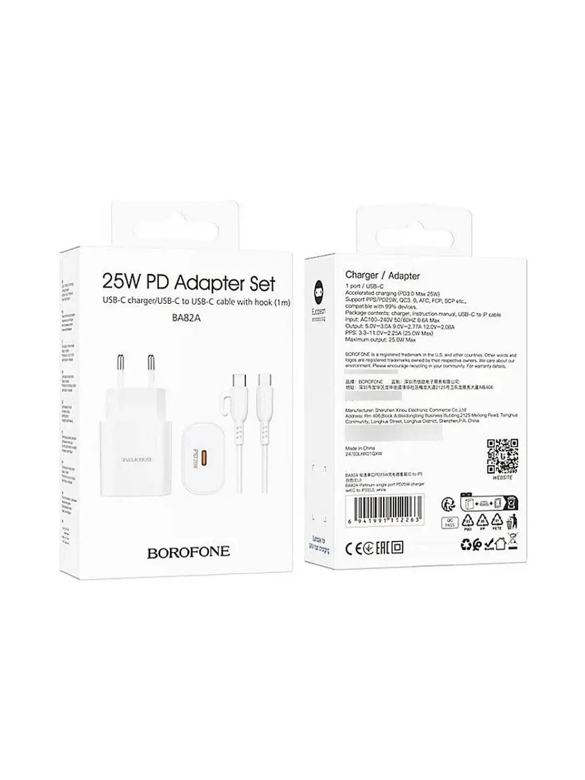 Cargador Borofone BA82A 25W Tipo C Rápido + Cable USB-C Blanco 3
