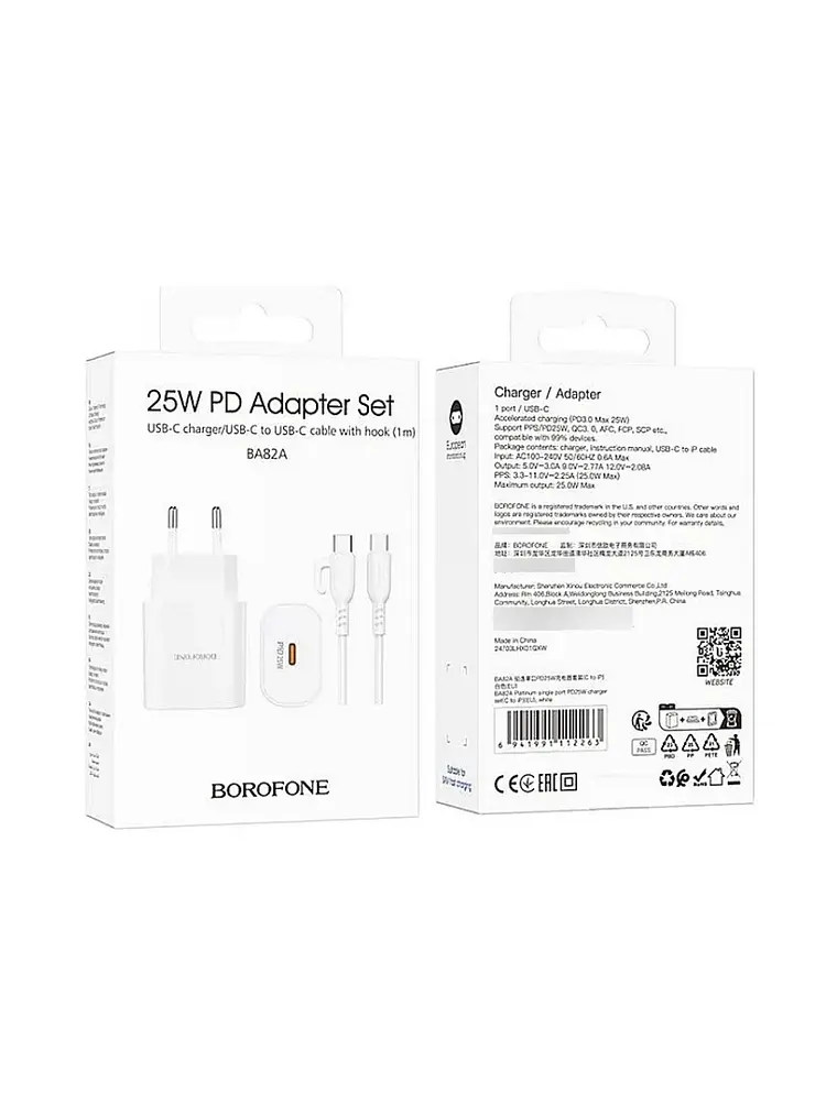 Cargador Borofone BA82A 25W Tipo C Rápido + Cable USB-C Blanco 3