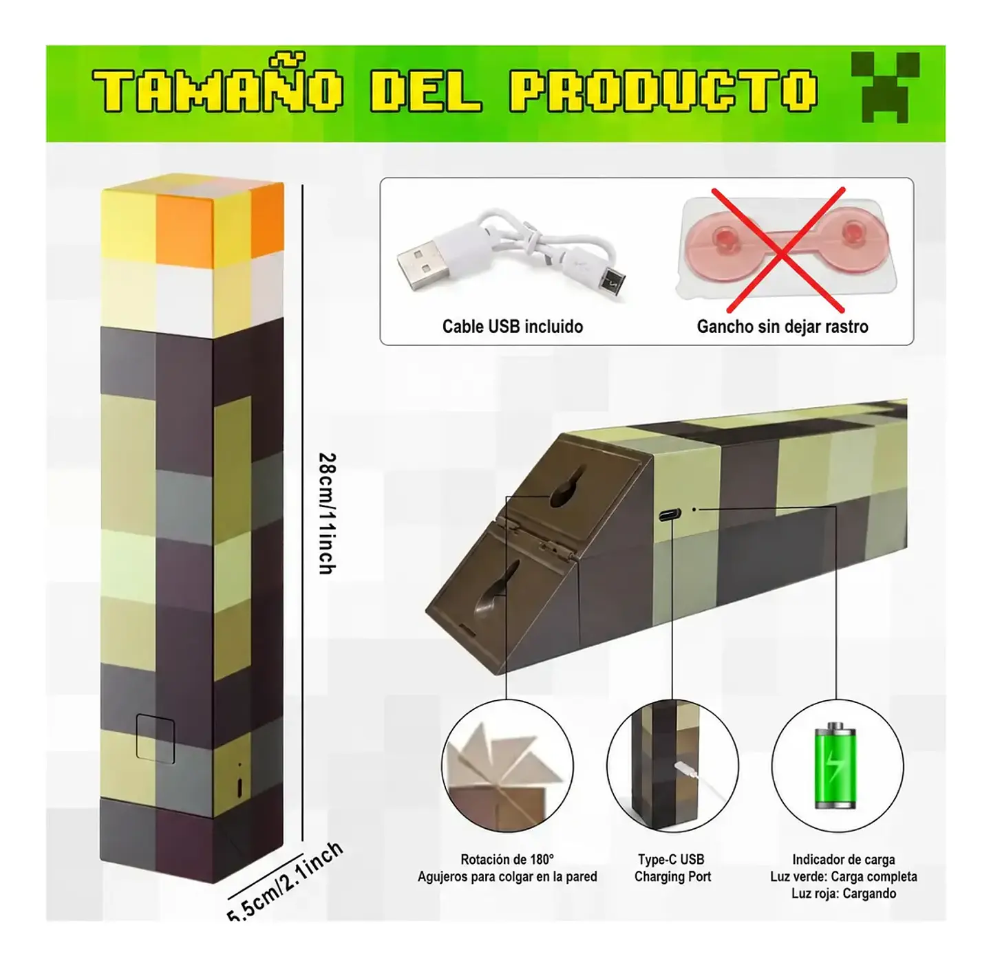 Lampara Minecraft decorativa antorcha Sin sujetador de Pared 1