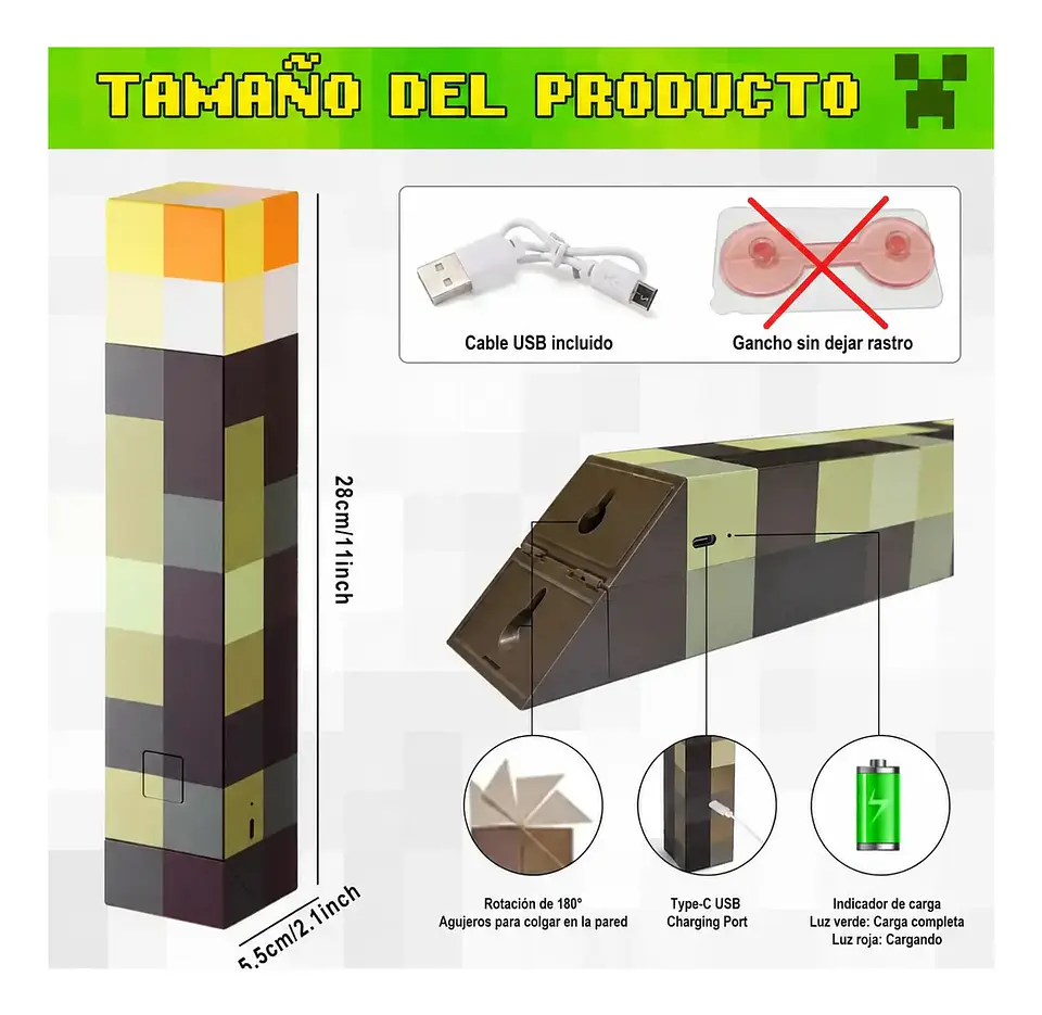 Lampara Minecraft decorativa antorcha Sin sujetador de Pared 1