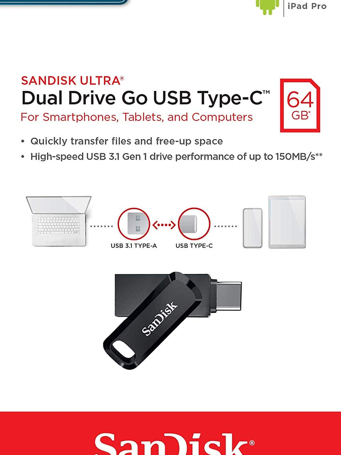 PENDRIVE SANDISK DUAL TIPO C Y USB 64 GB DRIVE GO 2