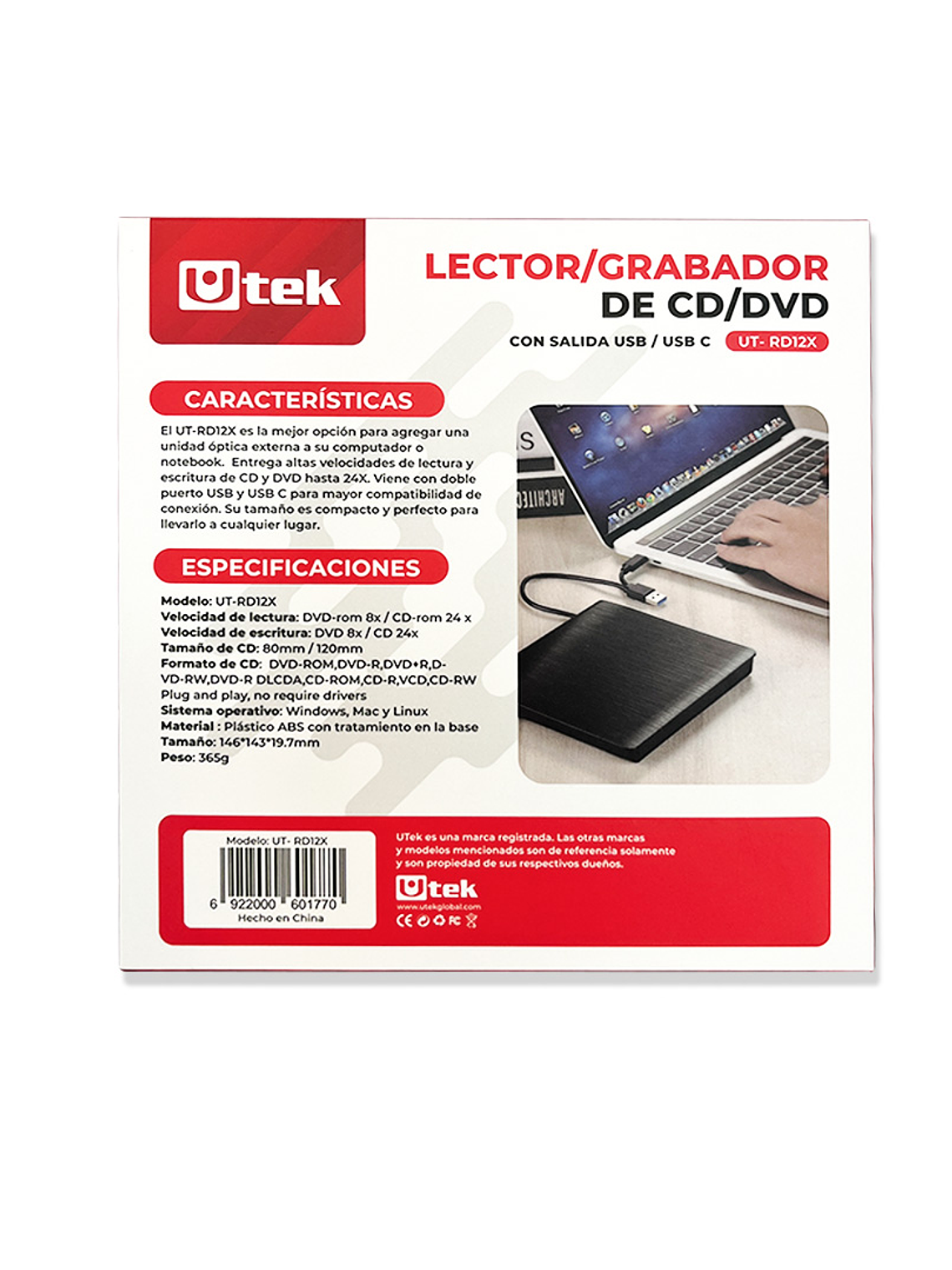 LECTOR Y GRABADOR DE CD Y DVD UTEK 3