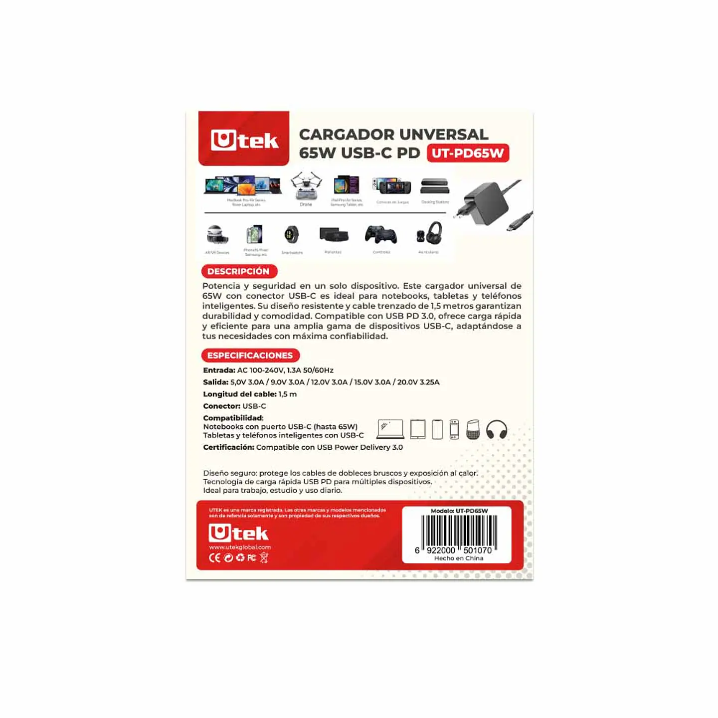 CARAGADOR UNIVERSAL TIPO C UTEK 65 W 6