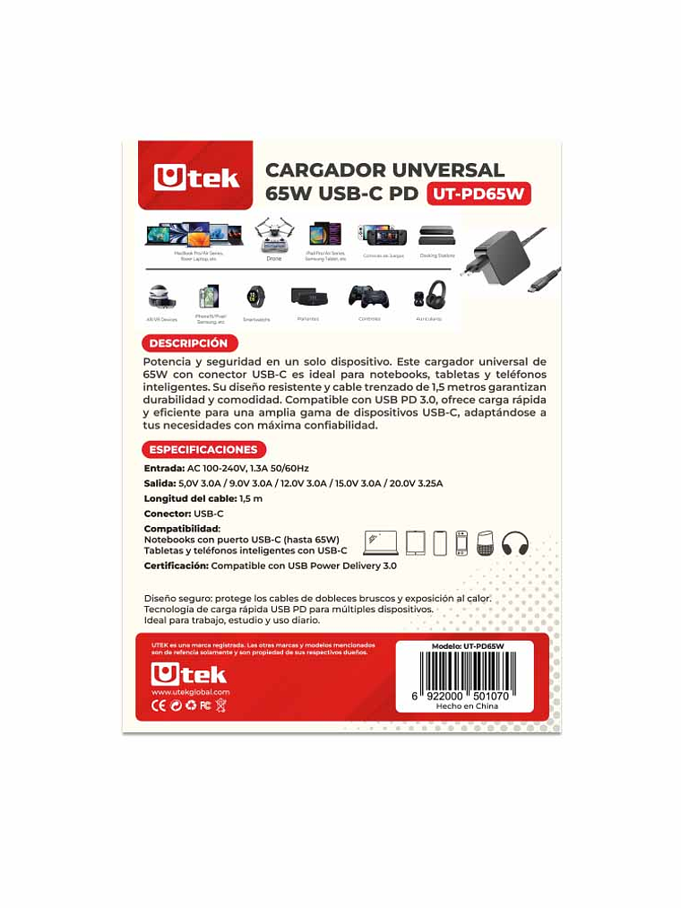 CARAGADOR UNIVERSAL TIPO C UTEK 65 W 6