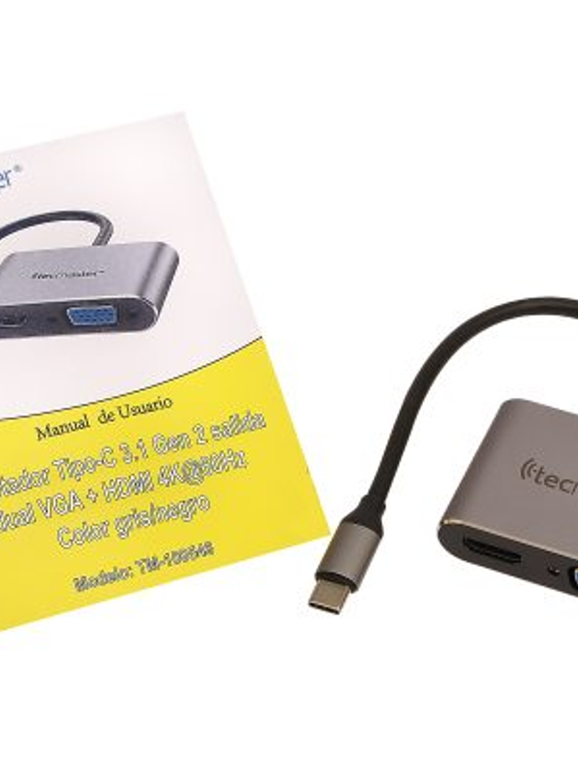 TECMASTER ADAPTADOR TIPO-C 3.1 A VGA + HDMI 4K@60HZ, CARCASA ALUMINIO, GRIS/NEGRO 1