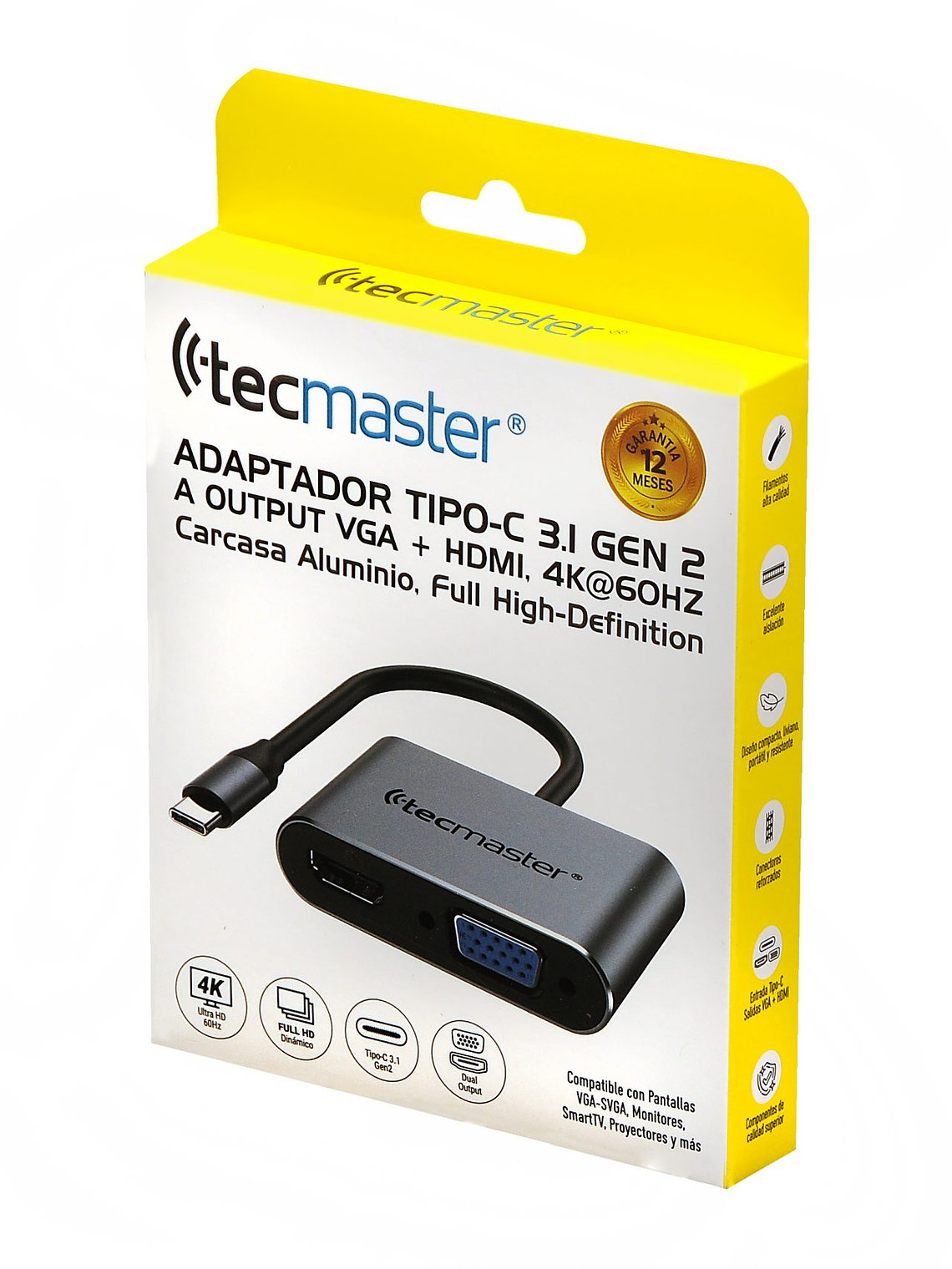 TECMASTER ADAPTADOR TIPO-C 3.1 A VGA + HDMI 4K@60HZ, CARCASA ALUMINIO, GRIS/NEGRO 5