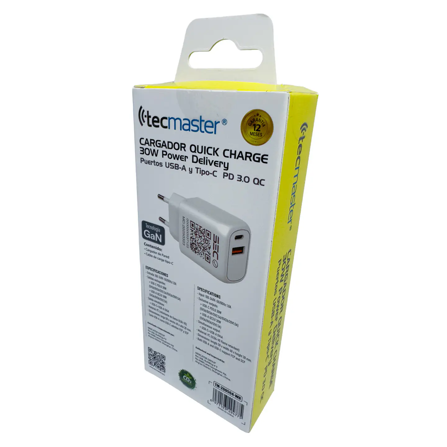 TECMASTER CARGADOR QUICK CHARGE 30W, PUERTOS USB-A Y TIPO-C PD 3.0 3