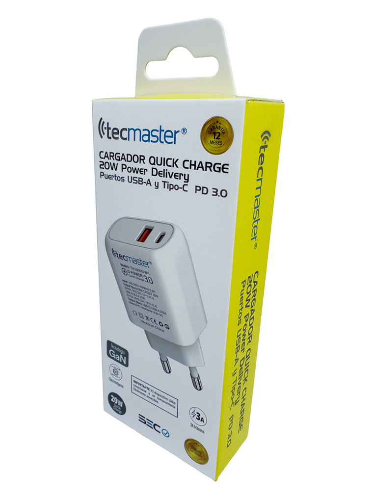 TECMASTER CARGADOR QUICK CHARGE 20W, PUERTOS USB-A Y TIPO-C PD 3.0 2