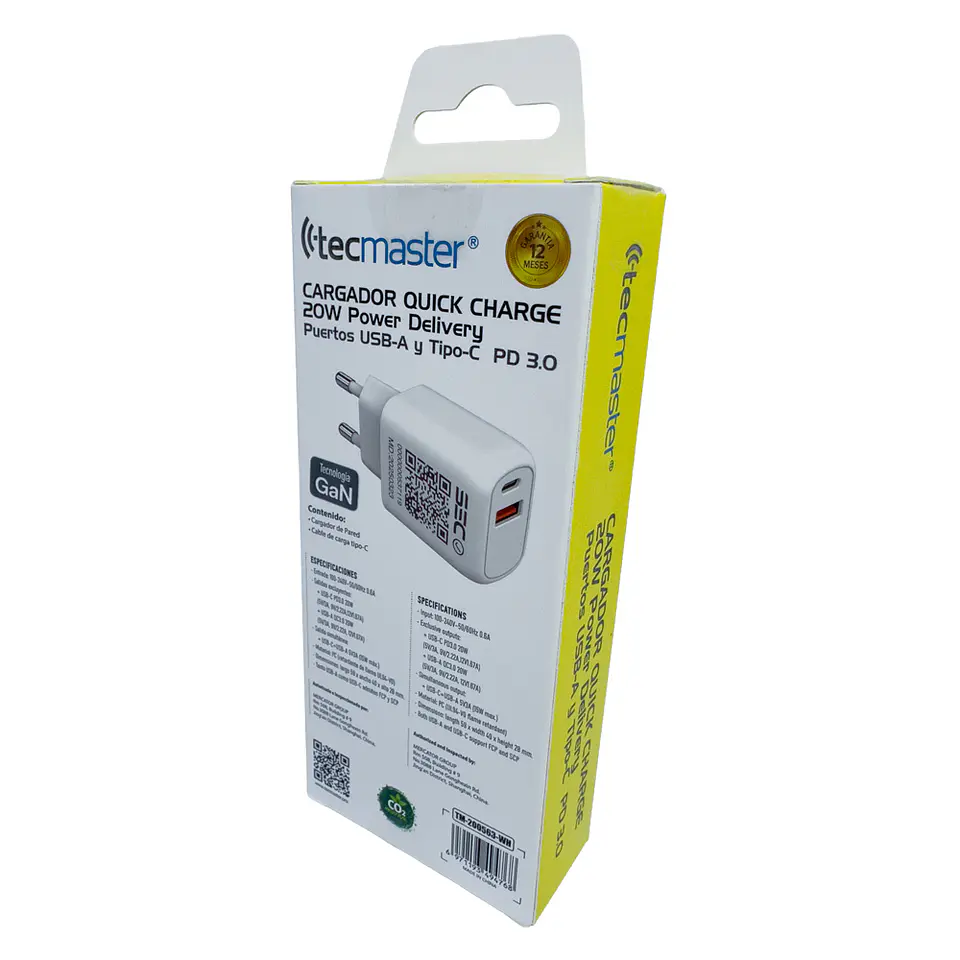 TECMASTER CARGADOR QUICK CHARGE 20W, PUERTOS USB-A Y TIPO-C PD 3.0 4