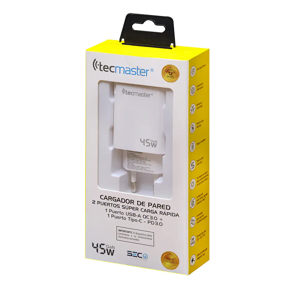 TECMASTER CARGADOR DE PARED, FAST CHARGING 2 PUERTOS, 1PD3.0 + 1QC3.0 – 45W, BLANCO 3