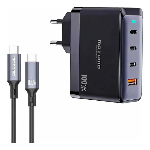 Cargador Rápido Motomo 100w Gan Cuádruple + Cable Tipo C Negro