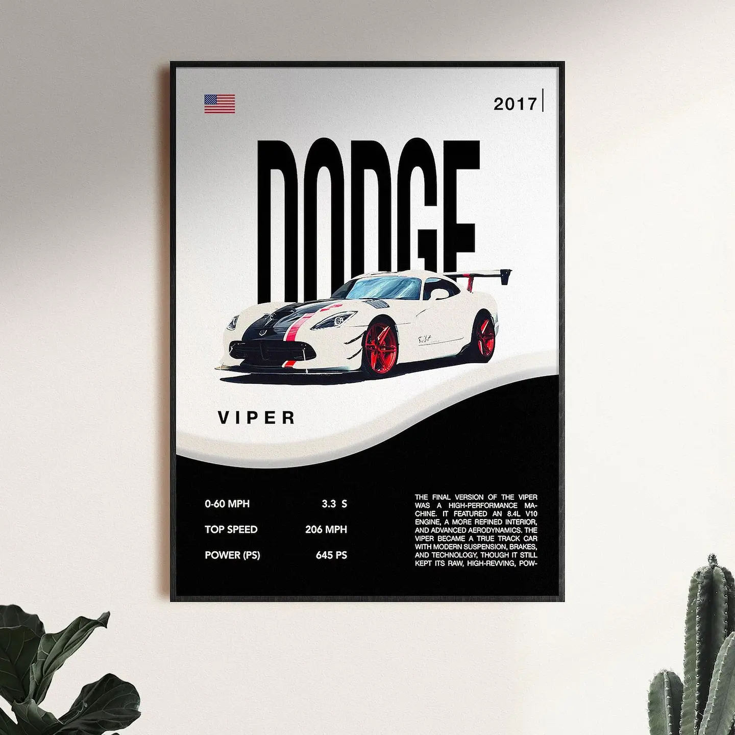 Cuadro Auto Dodge Viper Blanco Deportivo + Marco Negro 1