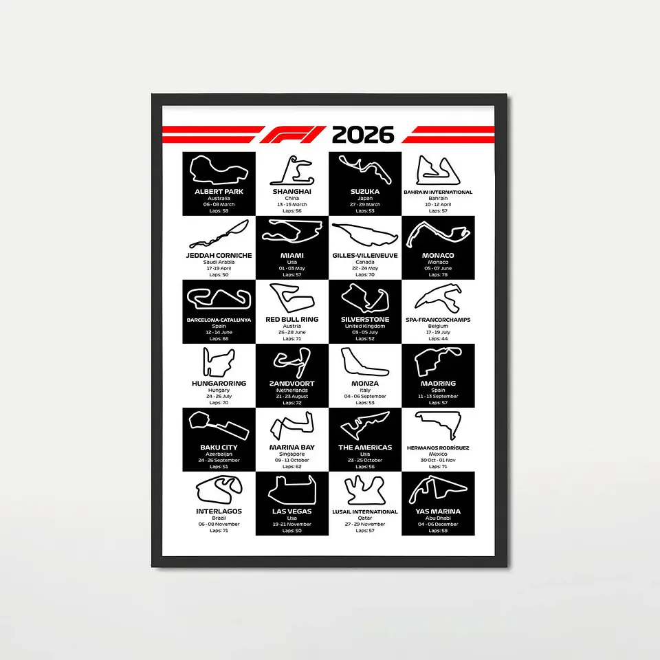 Cuadro calendario 2026 Formula 1 bandera a cuadros 1
