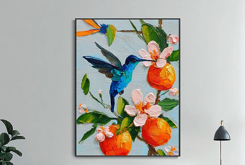 Cuadro Decorativo Azul Colibrí  Estilo Óleo Decoración Living