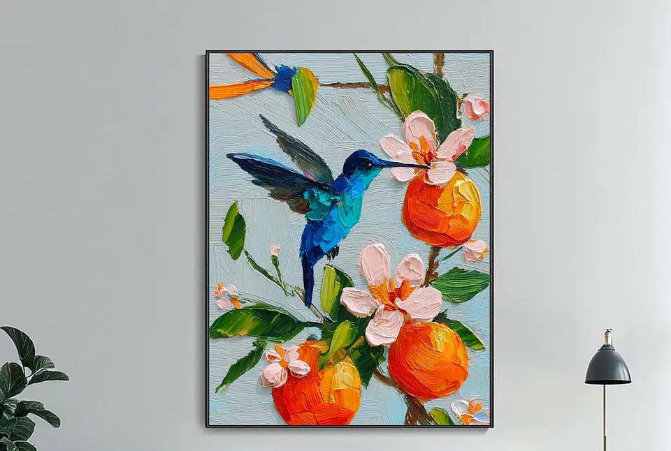 Cuadro Decorativo Azul Colibrí  Estilo Óleo Decoración Living 1