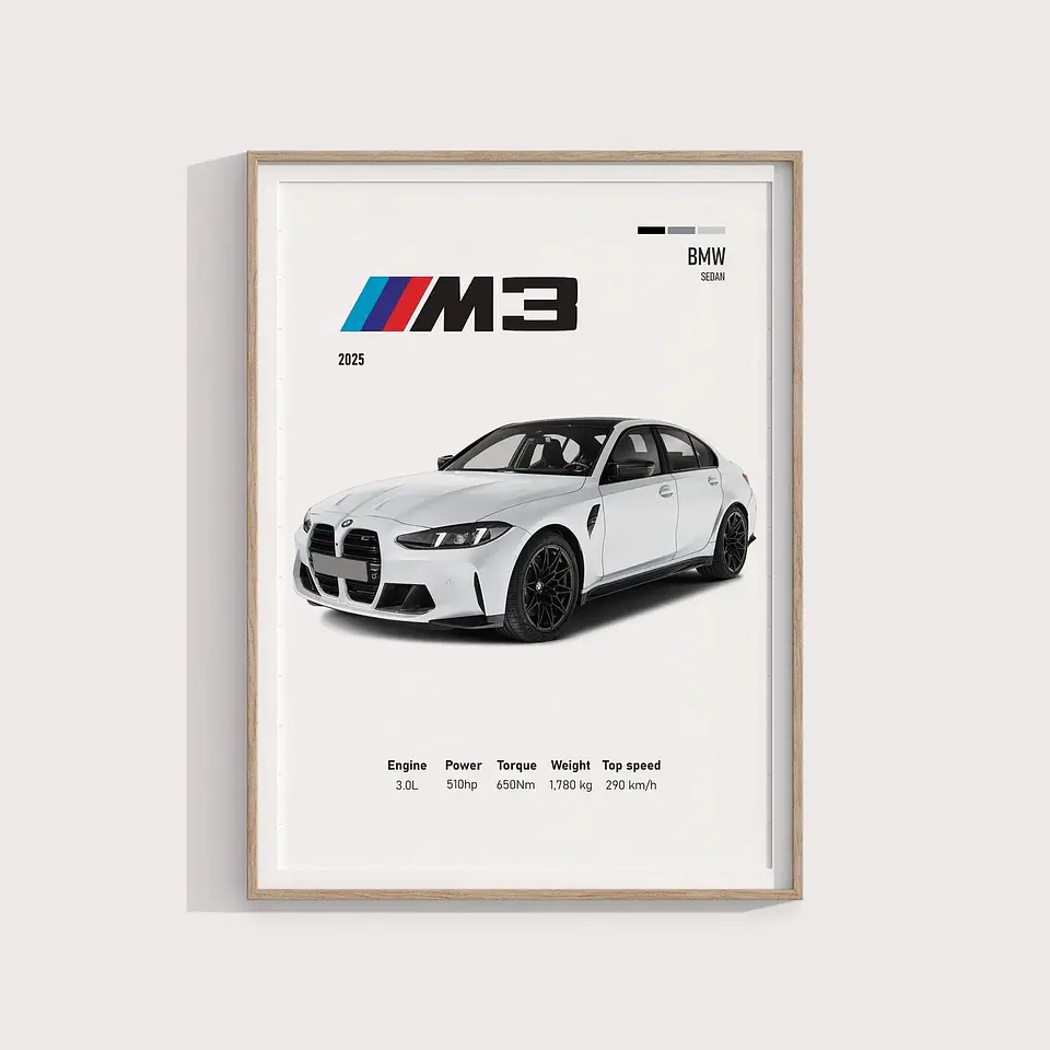 Cuadro Bmw M3 2025 Blanco Deportivo + Marco 1