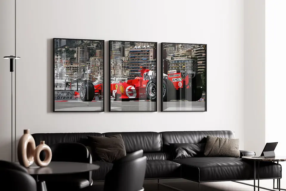 Set de 3 Cuadros Ferrari Fórmula 1 – Gran Premio de Mónaco + Póster Michael Schumacher 1