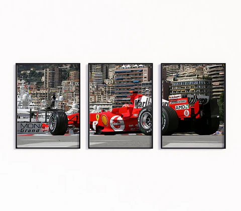 Set de 3 Cuadros Ferrari Fórmula 1 – Gran Premio de Mónaco + Póster Michael Schumacher