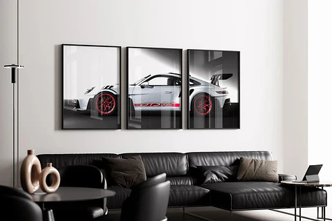 Set De 3 Cuadros Porsche 911 Gt3 Blanco Rs + Marco