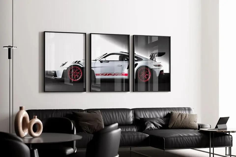Set De 3 Cuadros Porsche 911 Gt3 Blanco Rs + Marco 1