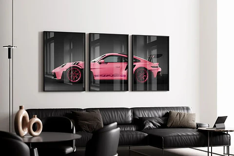Set De 3 Cuadros Porsche 911 Gt3 Rs Rosa + Marco