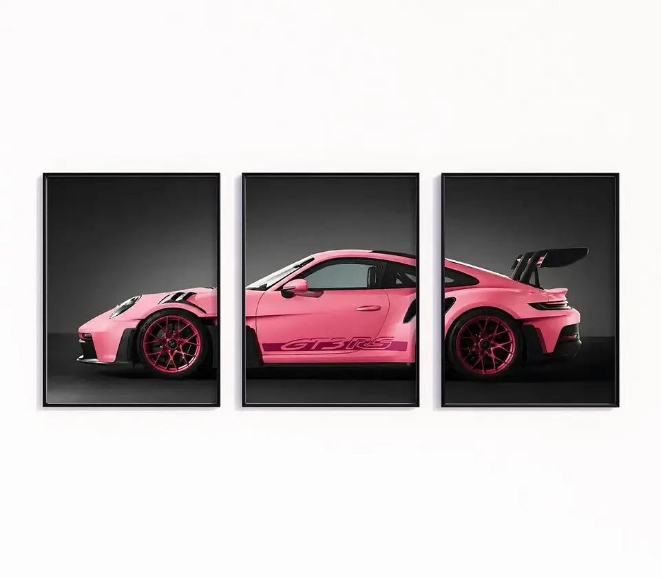 Set De 3 Cuadros Porsche 911 Gt3 Rs Rosa + Marco 2