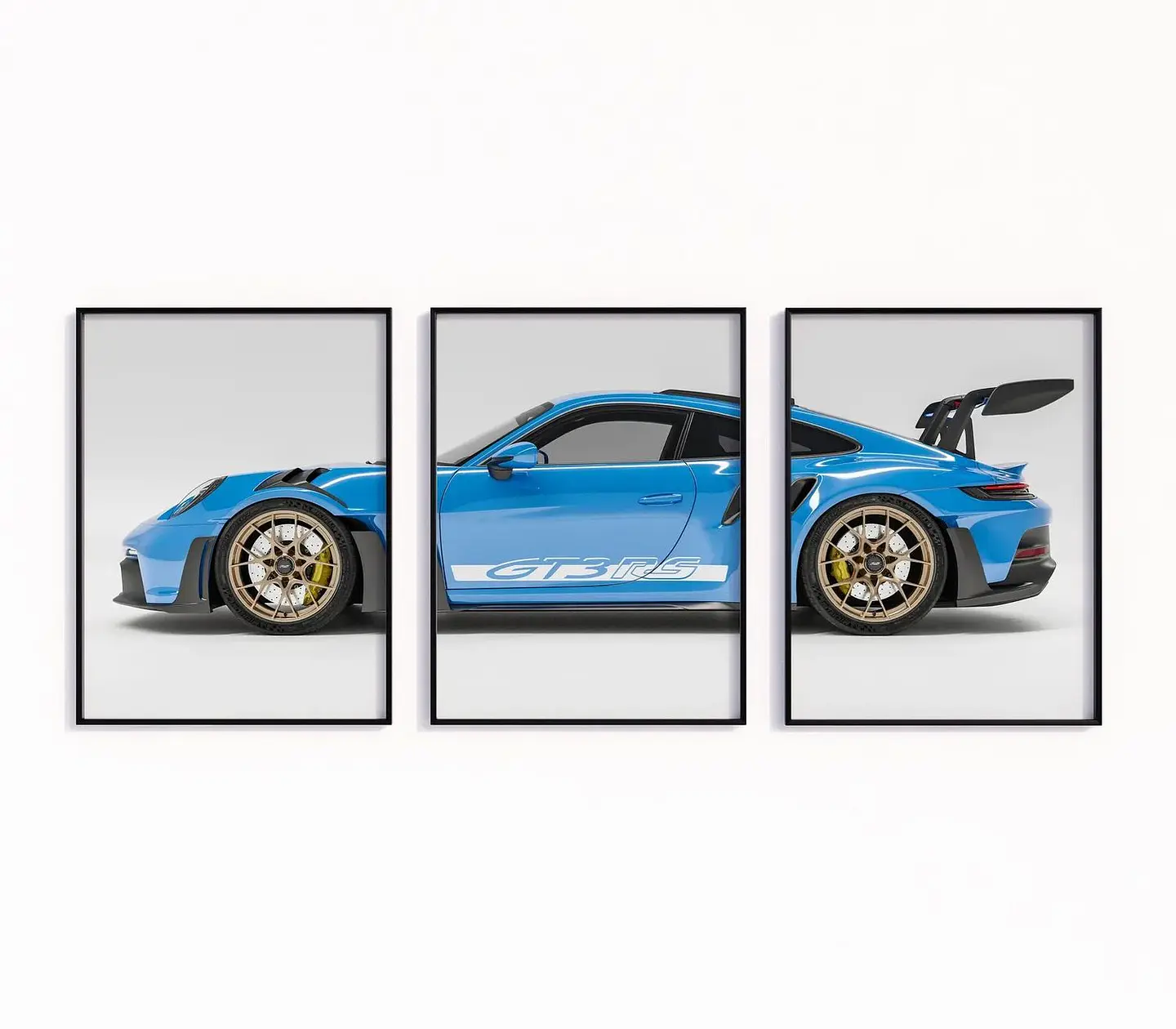 Set De 3 Cuadros Porsche 911 Gt3 Rs Azul Celeste + Marco 1